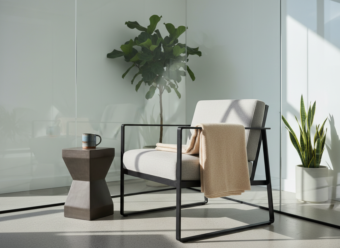 A precisely folded, light sand-colored wool throw draped over the linear armrest of a minimalist steel-framed lounge chair, set in a tastefully decorated, glass-walled office corner. The throw's gentle texture contrasts subtly with the chair’s matte metallic finish and a low, geometric side table nearby, on which sits a single stoneware mug. Morning light flows through the glass, casting structured, crisp shadows and highlighting the interplay between soft textiles and hard surfaces. Captured from a three-quarter angle, the photo’s clean, corporate composition embodies warmth, safety, and the holistic comfort found in trauma counselling environments.