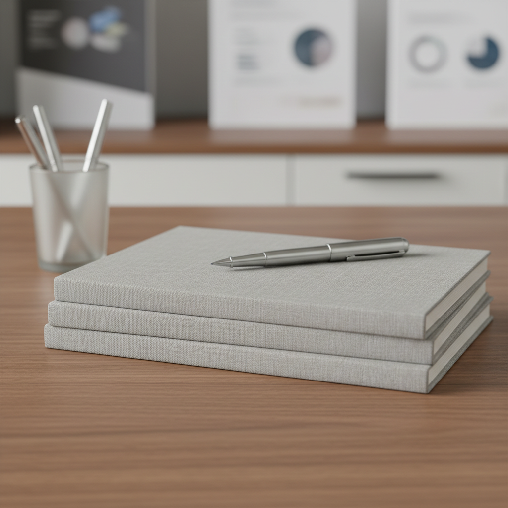 A stack of pale gray linen-bound journals, neatly organized with a polished silver pen resting diagonally on the top journal, positioned on a clean, uncluttered walnut desk. The journals’ fabric offers subtle tactile texture, while the silver pen catches the soft reflection of overhead studio lighting. Print materials are blurred in the background, hinting at case notes or brochures in an organized corporate setting. Photographed from an eye-level perspective with balanced, rule-of-thirds framing. The lighting creates crisp, professional highlights, and the scene exudes a sense of order, privacy, and reflectiveness, supporting themes of personal growth and self-understanding in a business counselling context.
