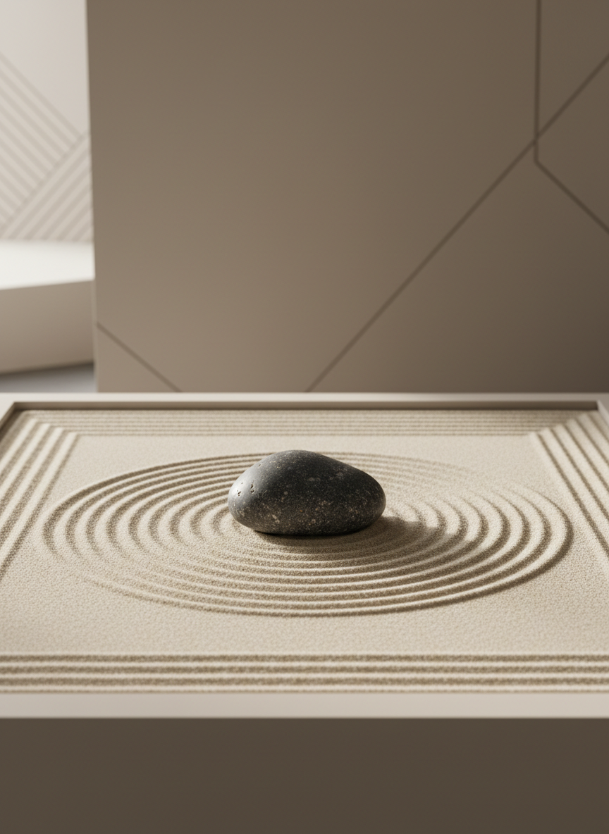 A smooth river stone, dark gray with light speckles, rests atop a meticulously arranged sand garden featuring clean, raked patterns and crisp edges. The scene is set against a matte, neutral-toned background with geometric lines subtly visible in the distance, evoking a modern, corporate office environment. Soft, diffused daylight filters across the stone, enhancing its smooth texture and casting gentle, structured shadows onto the sand. Captured from a slightly elevated angle with centered composition and sharp focus throughout, the mood feels calm, grounded, and confidently professional. The photographic realism and minimalist composition reflect the clarity and support offered by trauma and grief counselling.