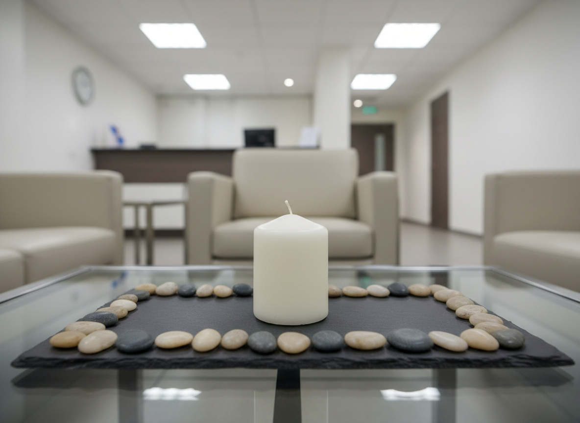 A singular, unlit white candle with a smooth, matte finish sits at the center of a low, rectangular slate tray bordered by small, symmetrically placed river pebbles, each stone chosen for its neutral beige and gray hues. The tray rests on a glass tabletop in a modern, minimalist office waiting room with clean, linear furnishings and soft, ambient overhead lighting. The candle and stones are framed in sharp focus with a shallow depth of field, softly blurring the understated background décor. A quiet sense of potential for transformation and healing is conveyed, with the carefully balanced composition and neutral palette imparting an air of professionalism and serene support.