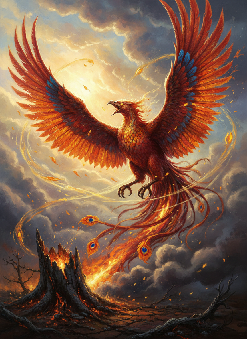 a phoenix rising from the ashes, vibrant and inspiring