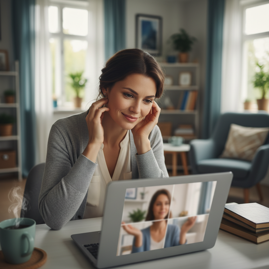 a woman counselor working online, listening compassionately during a virtual session